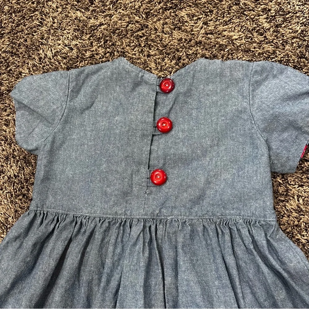 Handmade Girls Denim Blue Cat Dress Size 5/6 Floral Bow Puff Sleeves
